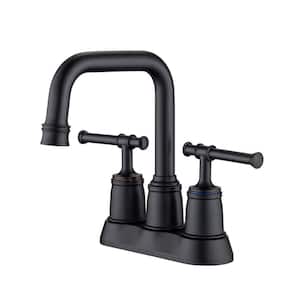 4 Inch Centerset Double Handle High Arc Bathroom Sink Faucet with Lift Rod Drain in Matte Black
