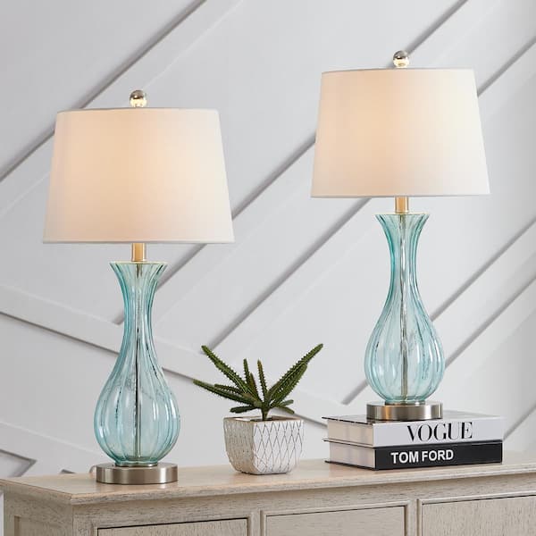 Denver 25 in. Blue Glass Table Lamp with White Linen Shade (2-Pack)
