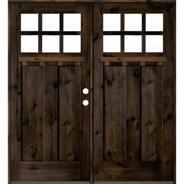 Krosswood Doors 72 in. x 80 in. Craftsman Left Hand Active 6-Lite Clear Glass Wood Black Stain/Dentil Shelf Double Prehung Front Door