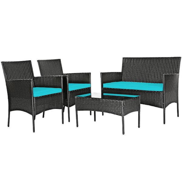 WELLFOR 4-Piece Wicker Patio Conversation Set with Turquoise Cushions