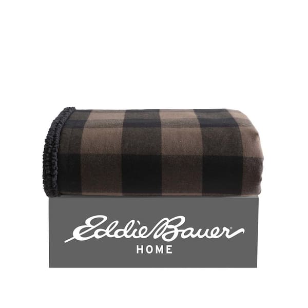 Cabin Plaid Sherpa Brown/Black Cotton Reversible Throw Blanket
