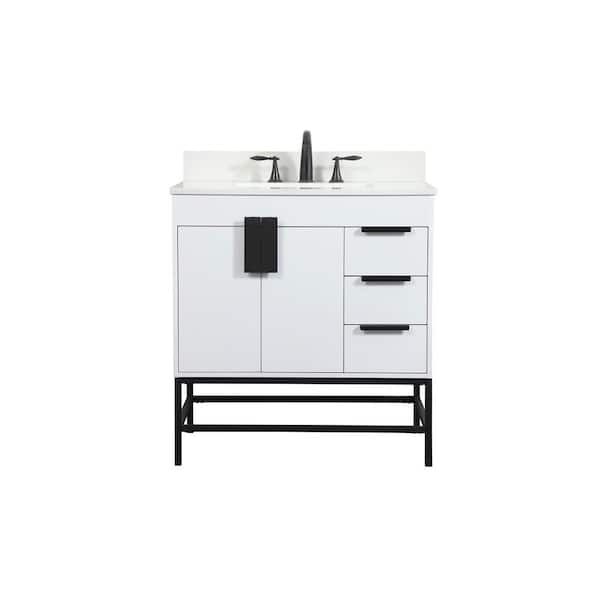 Unbranded Simply Living 32 in. W x 22 in. D x 33.5 in. H Bath Vanity in White with Ivory White Engineered Marble Top