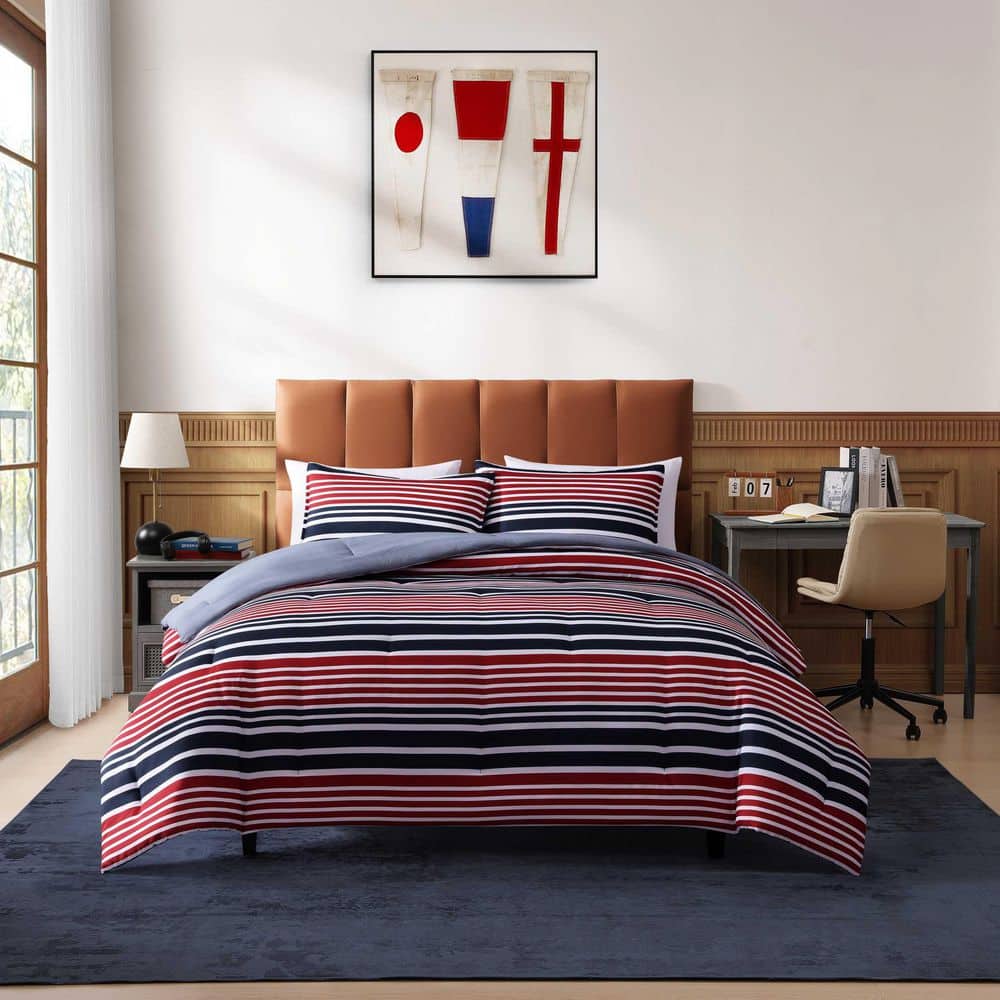 トミーヒルフィガー　クィーンサイズ　掛け布団 Tommy Hilfiger Favorite Stripe 3-Piece White/Red/Navy Blue