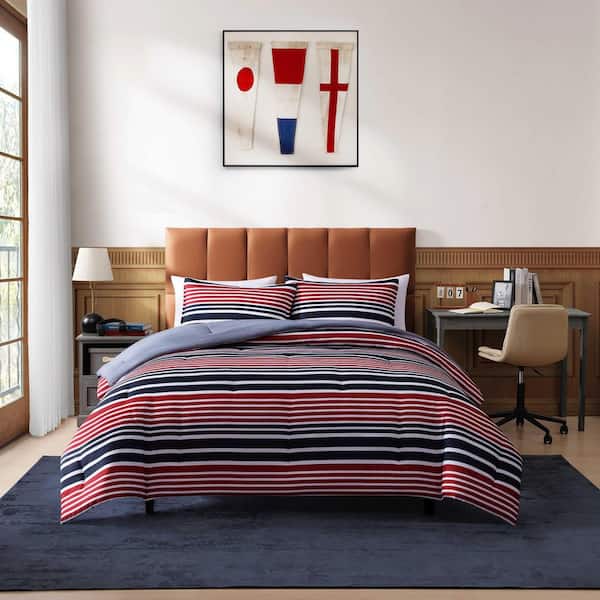 トミーヒルフィガー　クィーンサイズ　掛け布団 Tommy Hilfiger Favorite Stripe 3-Piece White/Red/Navy Blue