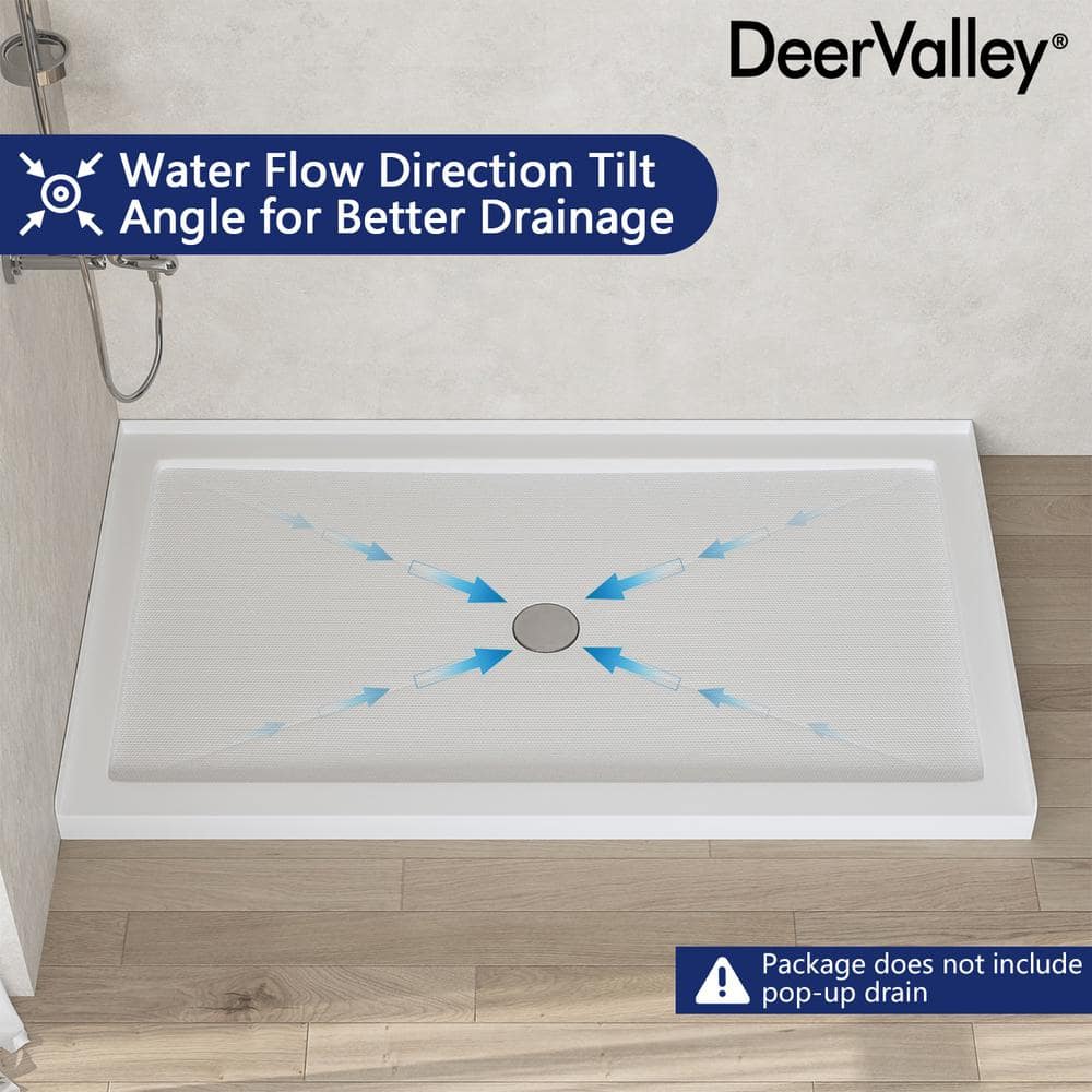 White Acrylic 60'' x 34'' Non-Slip Shower Base with Center Drain