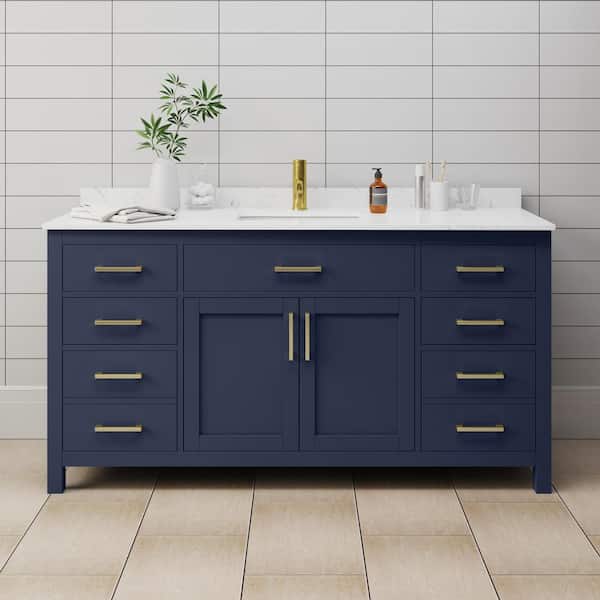 Beckett 66 in. W x 22 in. D Single Vanity in Dark Blue with Cultured Marble Vanity Top in Carrara with White Basin
