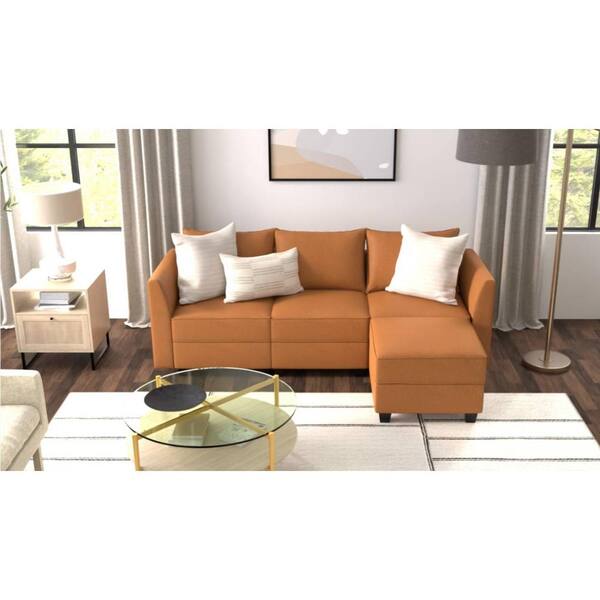 HOMESTOCK 87.01 in. W Modern Reversible Faux Leather Sectional Sofa Couch Chaise with Storage in. Caramel