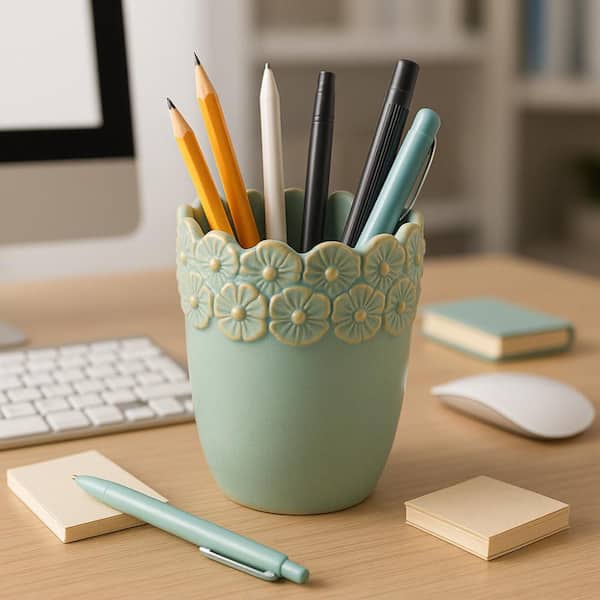 Green 3.25 in. x 4.25 in. Ceramic Flower Border Pencil Cup