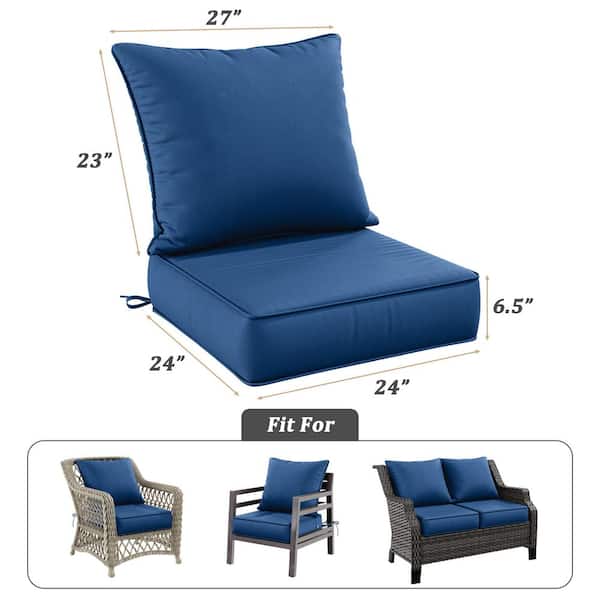 24 in. x 24 in. Deep Seat Outdoor Lounge Cushion with Backrest, Premium Waterproof Patio Furniture Cushions Blue