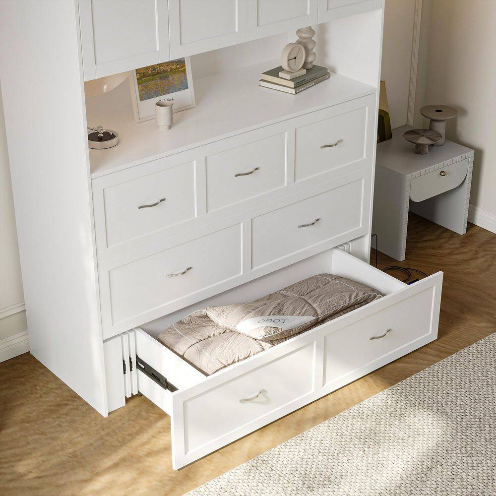 White Wood Frame Full Size Platform Bed, Murphy Bed with 3-Large Storage Shelves, Bed and Bookcase 2 in 1 - thumbnail 8
