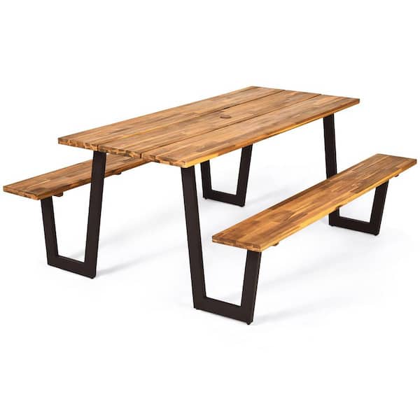 Patented Picnic Table Bench Set Outdoor Camping Wooden 2 Built-In Benches with Umbrella Hole