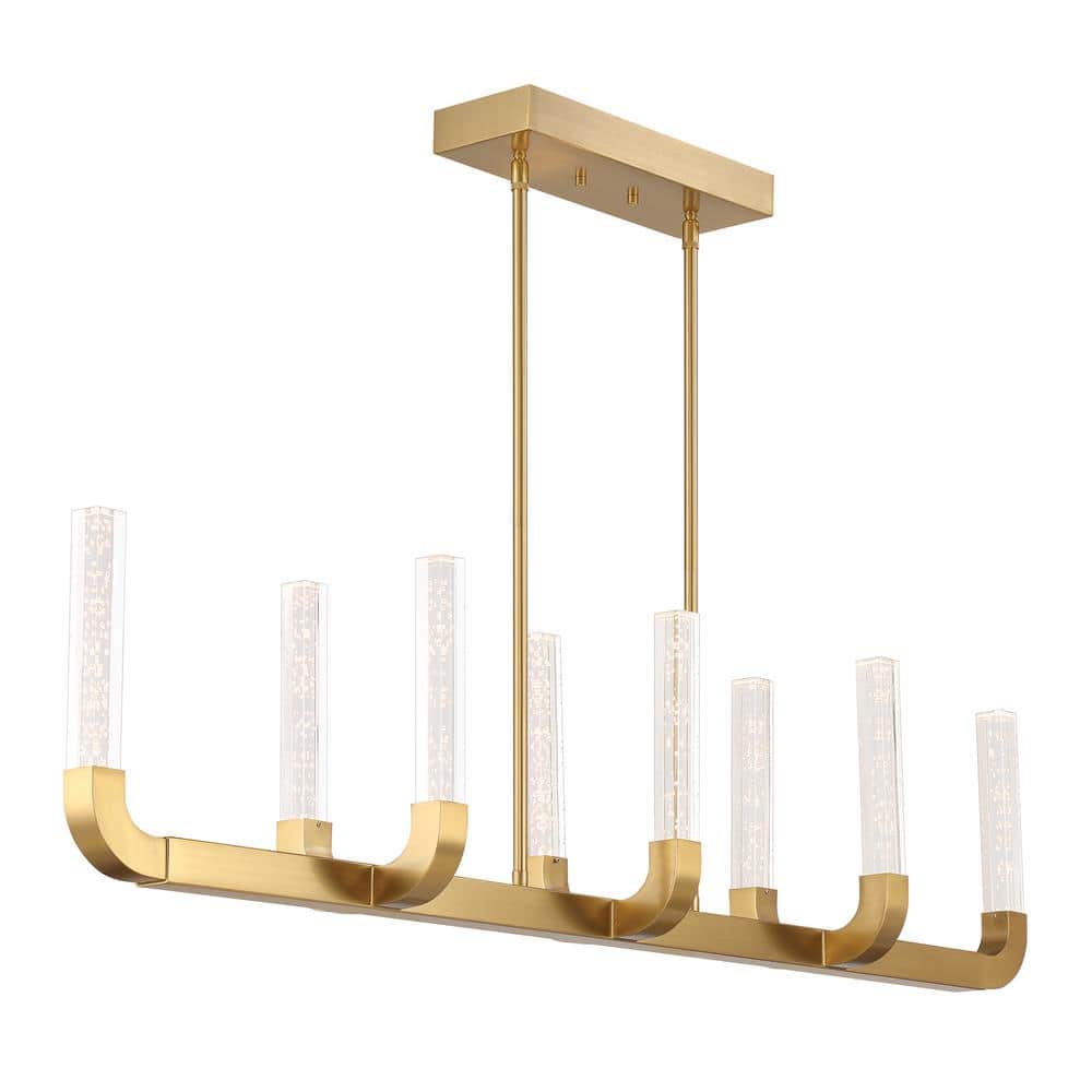 Warm Brass 8-Light LED Linear Chandelier with Clear Seeded Acrylic Shades