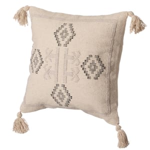 16 in. x 16 in. Natural Handwoven Cotton Throw Pillow Cover with Tribal Aztec Design and Tassel Corners