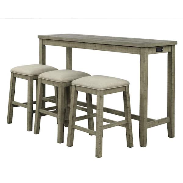 Unbranded 4-Piece Green Solid Wood Outdoor Bistro Set Counter Height Table with Stools Bar Set with Socket and Beige Cushions