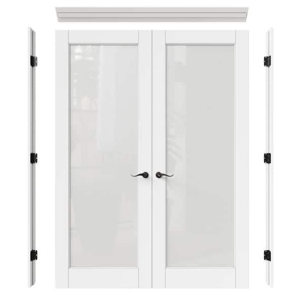ARK DESIGN 64 in. x 80 in. 1 Lite Frosted Glass Solid Core Primed White Double Prehung French Door with Quick Assemble Jamb