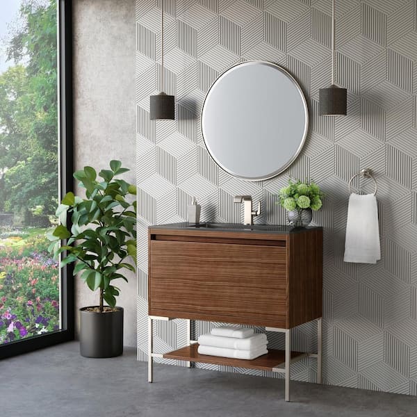 Mantova 35.4 in. W x 18 in. D x 36 in. H Single Bathroom Vanity Mid-Century Walnut & Charcoal Black Composite Stone Top