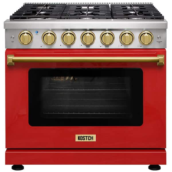 36 in. 6 Burners Freestanding Natural Gas Range with 6.0 cu. ft. Convection Oven in Red with Bronze Handle