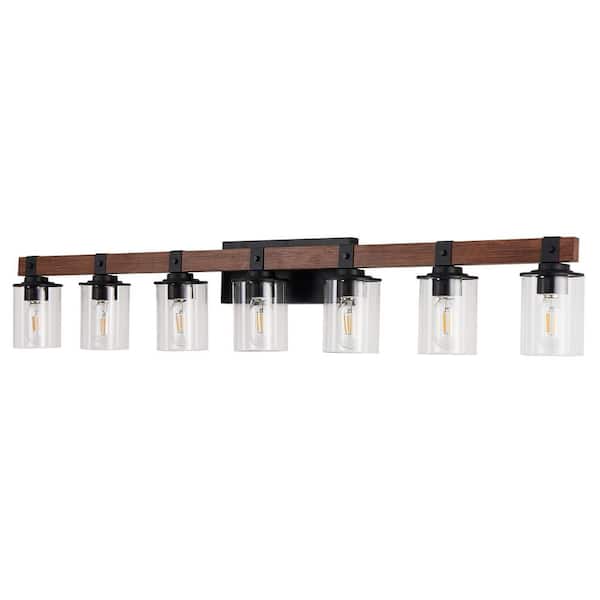 Farmhouse 50 in. 7-Light Walnut and Black Bathroom Vanity Light with Glass Shade