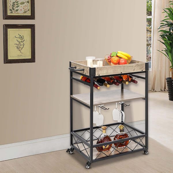 Black and Oak Industrial Vintage Style Mobile Bar Kitchen Cart Wood Metal  Serving Trolley LNN-SY110502785 - The Home Depot