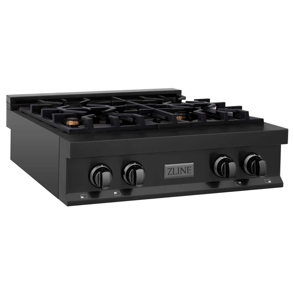 30 in. 4 Burner Front Control Gas Cooktop with Brass Burners in Black Stainless Steel