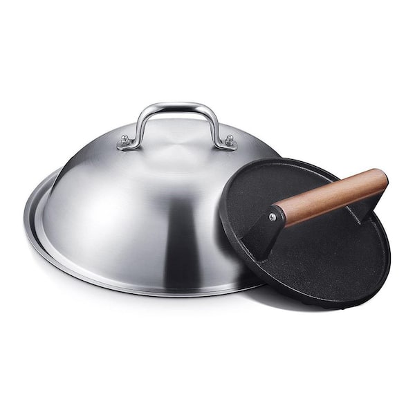 12.5 in. Stainless Steel Melting Dome x 7 in. Cast Iron Grill Press Silver Flat Top Griddle Set for Outdoor Indoor