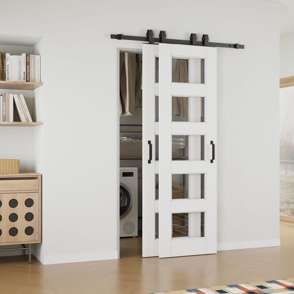 40 in. x 80 in. (Double 24 in.) 5-Lite Clear Glass White Primed MDF Sliding Barn Door with Hardware Kit Bypass price history on PriceWatchPro