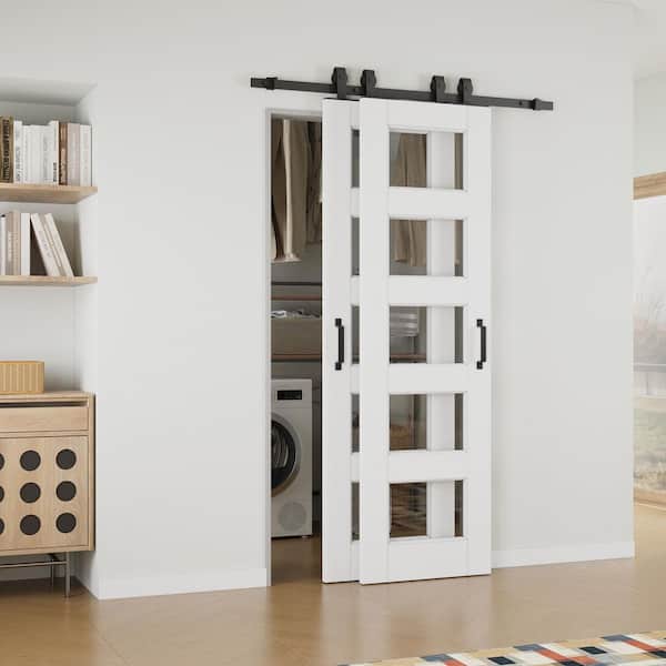 40 in. x 80 in. (Double 24 in.) 5-Lite Clear Glass White Primed MDF Sliding Barn Door with Hardware Kit Bypass