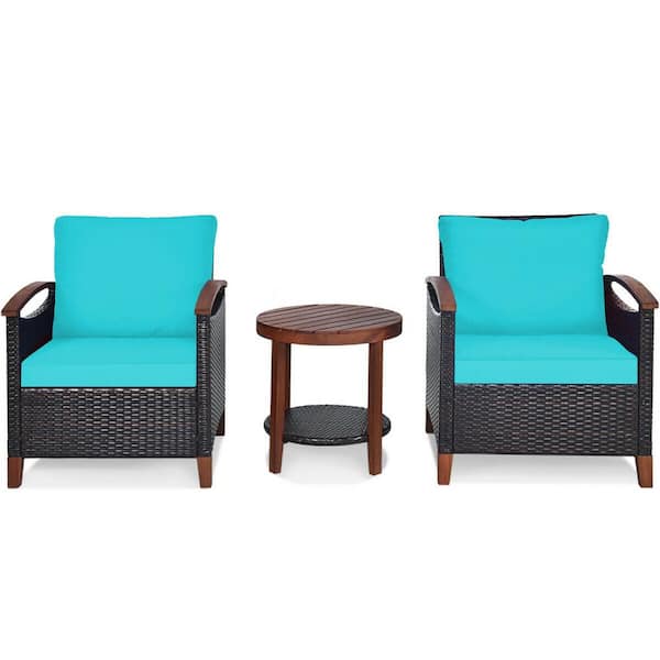 SUNRINX 3-Piece Rattan Patio Conversation Set with Washable Cushion in Turquoise
