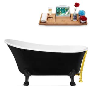 59 in. Acrylic Clawfoot Non-Whirlpool Bathtub in Glossy Black With Polished Gold Drain And Matte Black Clawfeet