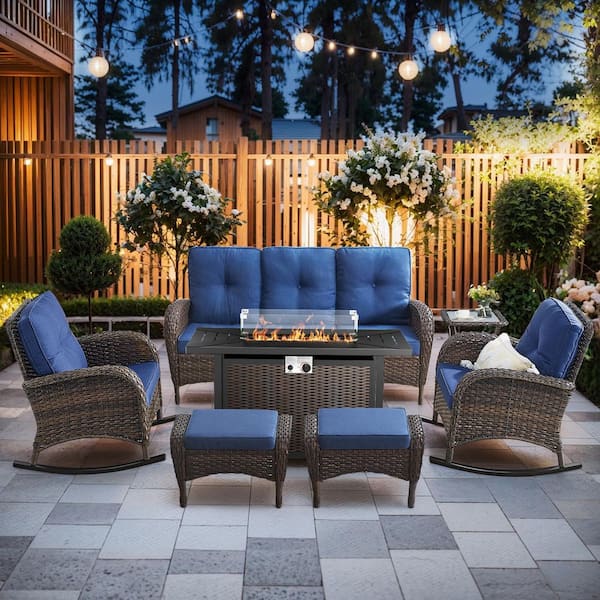 Bellefurn Rotavia 7-Piece Brown Wicker Outdoor Rectangular Fire Pit Table Patio Conversatoin Seating Set with Blue Cushions