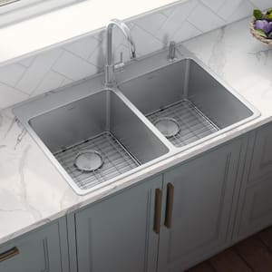 16-Gauge Stainless Steel 33 in. 50/50 Double Bowl Drop-in Workstation Kitchen Sink
