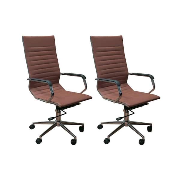 ErgoMax Set of 2 Ergonomic Iron and Leather Height Adjustable High Back Office Chairs w/Armrests, 46.9 Inch Max Height, Brown