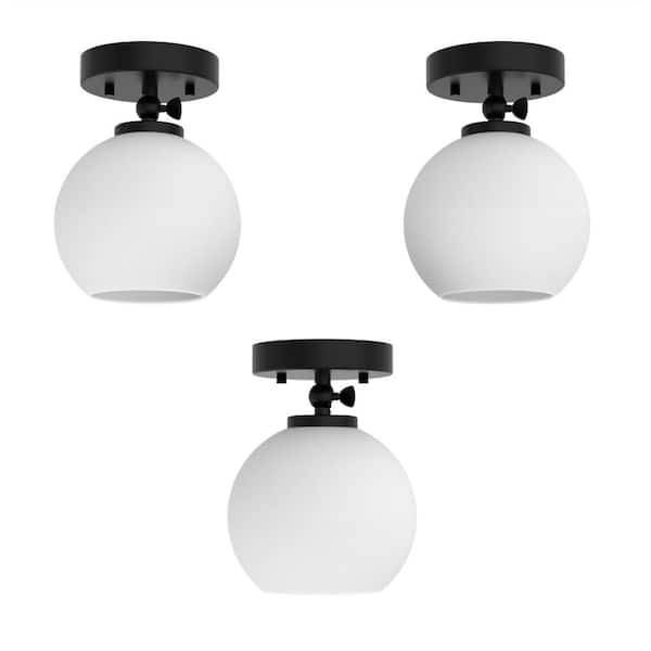YANSUN 5 in. 1-Light Black Semi-Flush Mount Ceiling Light w/ Glass Shade, Convertible to Pendant Light and Wall Sconce (3-Pack)