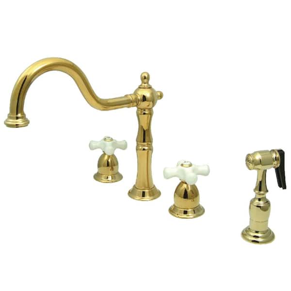 Kingston Brass Heritage 2-Handle Standard Kitchen Faucet with Side Sprayer in Polished Brass