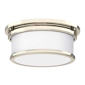 Summerlake 12.5 in. 2-Light Polished Nickel Drum Flush Mount with Frosted Glass Shade and No Bulbs Included (1-Pack)