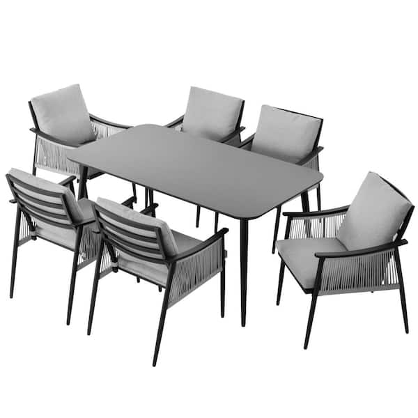 Black 7-Piece Aluminum and Textilene Rope Outdoor Dining Set with Gray Zippered Cushions