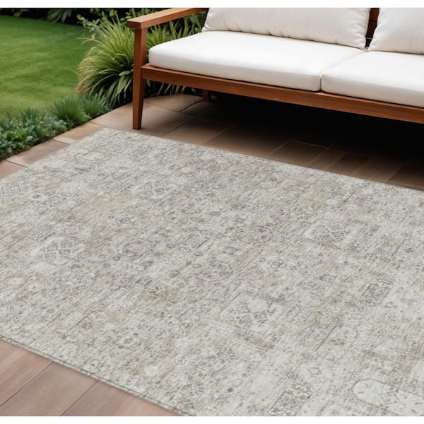 Taupe, Beige, Gray 9 ft. x 12 ft. Woven Floral Polyester Rectangle Indoor/Outdoor Area Rug