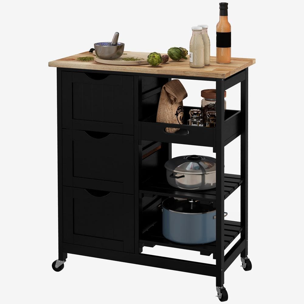 Black Wood 26.5 in. Kitchen Cart on Wheels with Wood Top, Shelves and Drawe