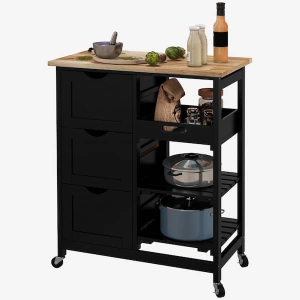 Unbranded Black Wood 26.5 in. Kitchen Cart on Wheels with Wood Top, Shelves and Drawers