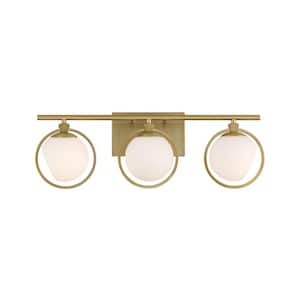 Teatro 23.75 in. 3-Light Brushed Gold Modern Vanity with Etched Opal Glass Shades and Accent Rings