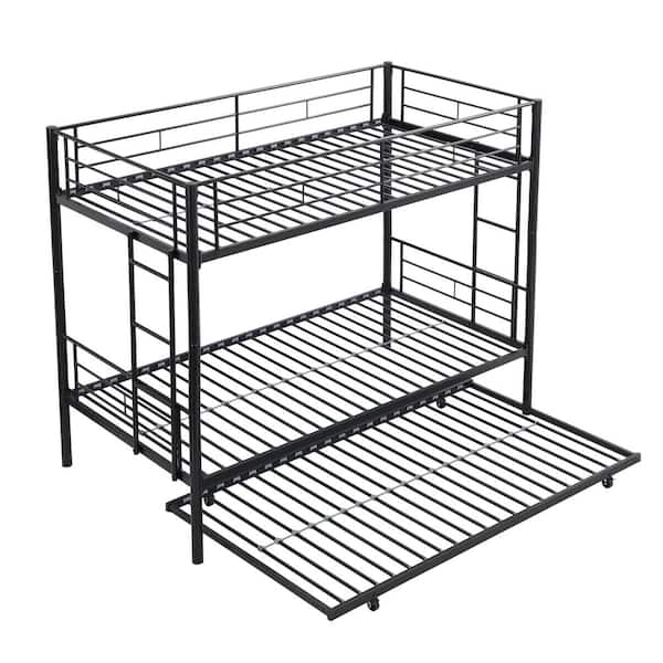Black Twin Over Twin Metal Bunk Bed with Trundle Space Saving 3 Sleeper Design with Stairs