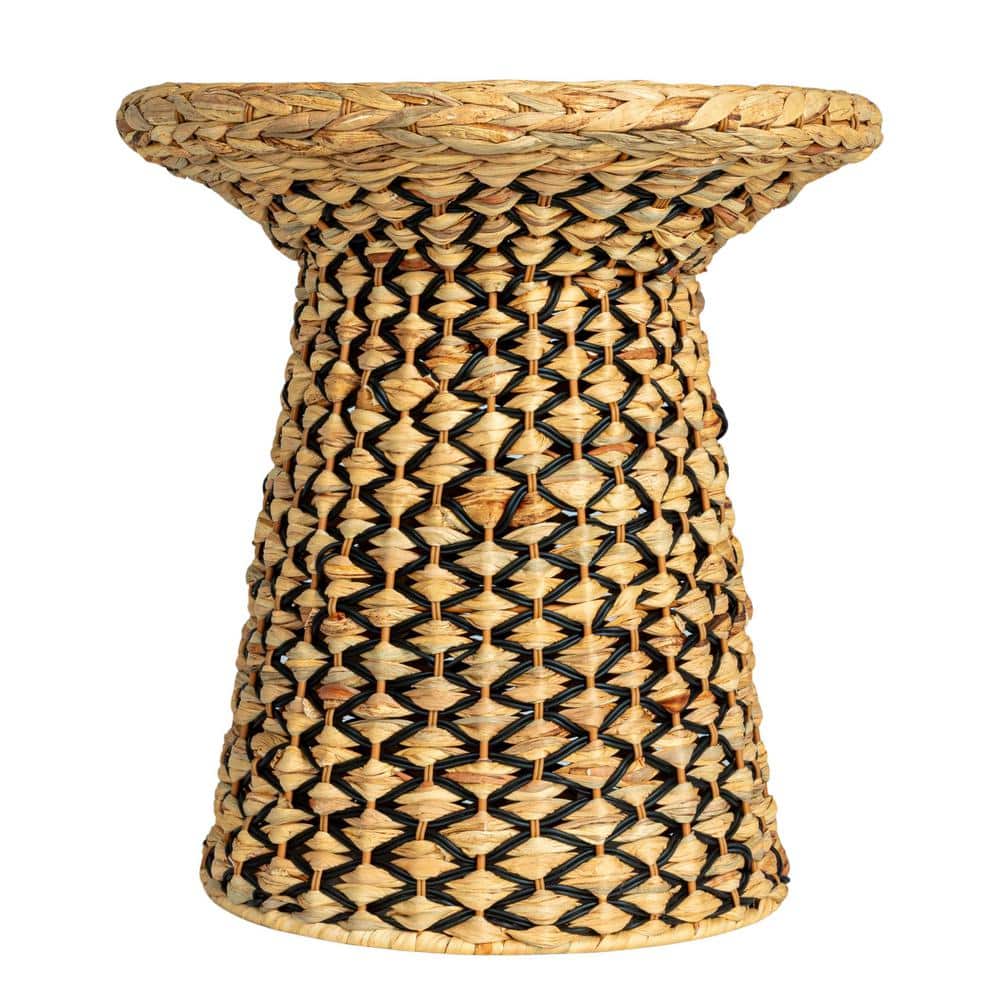 Household Essentials 17.7 in. Black and Natural Round Braided Wicker and Resin Geometric End Table