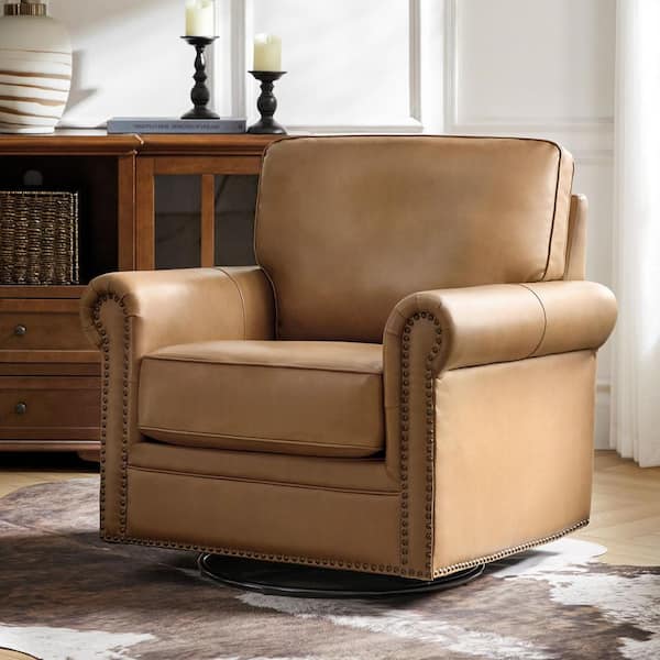 JAYDEN CREATION Jacindo Camel Traditional Genuine Leather Swivel Rocking Accent Chair with Nailhead Trims