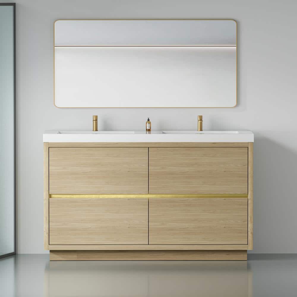 60 in. Freestanding Double Sinks Storage Bath Vanity Cabinet in Natural Oak