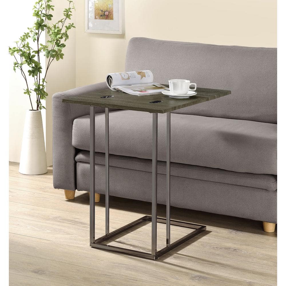 Weathered Gray Metal and Wood Rectangular Snack Table