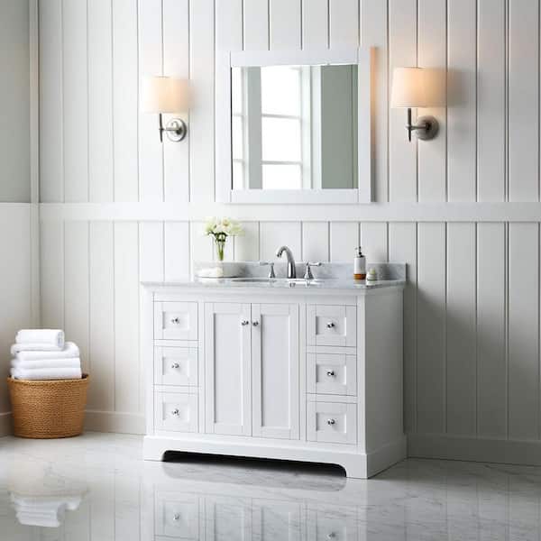 Avery 48 in. W x 22 in. D Bathroom Vanity in White with Marble Vanity Top in White Carrara with White Basin