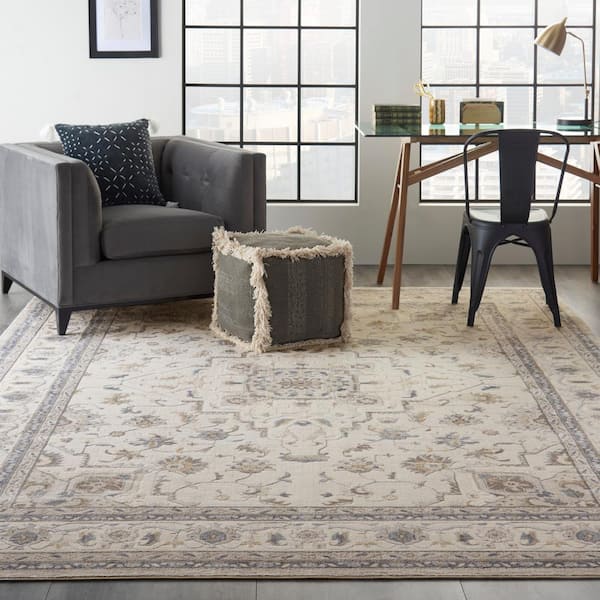 Silky Textures Ivory/Grey 8 ft. x 11 ft. Persian Traditional Area Rug