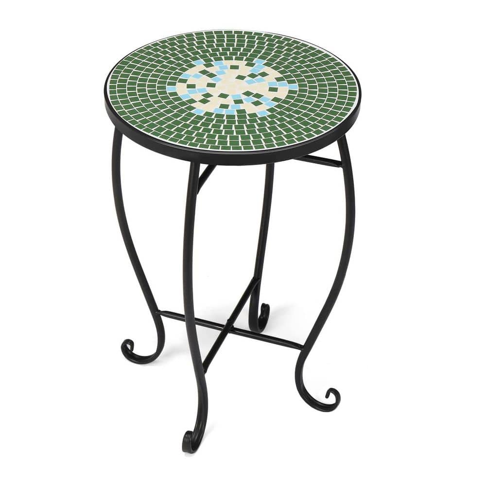 Round Metal Outdoor Side Table with Ceramic Tile Top