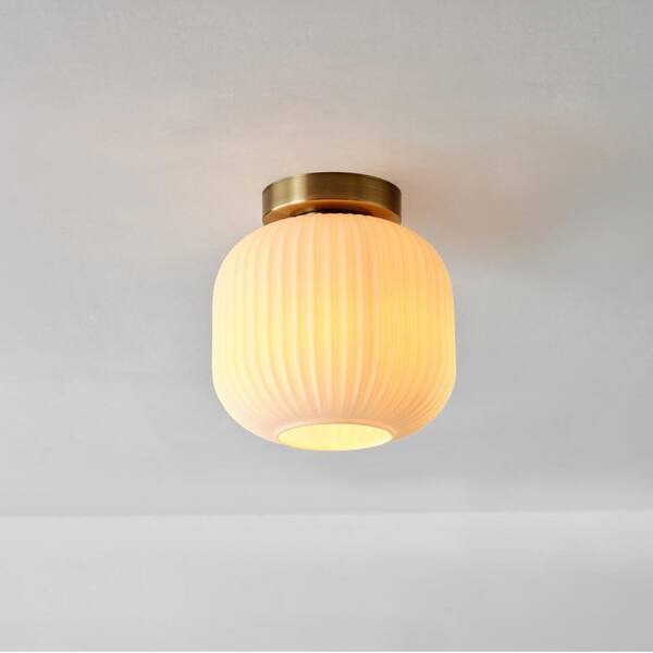 Globe Electric 2-Light Flush Mount Ceiling Fixture - Matte Brass With White Linen Shade For Kitchen & Bathroom
