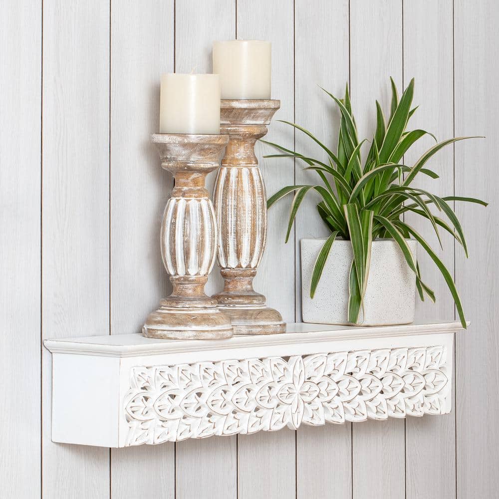 Gaudin 30" White Hand Carved Floating Shelf
